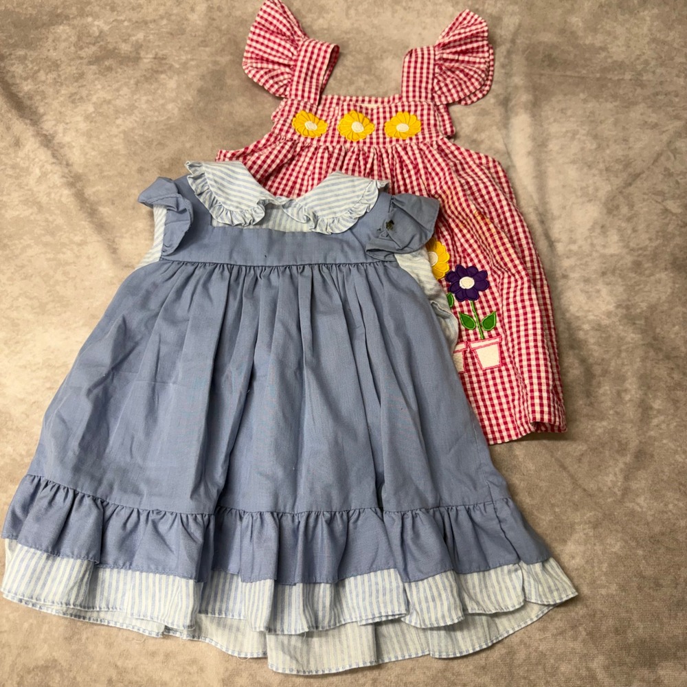 Vintage Samara Toddler Girls Dress Lot 2T Gingham Floral & Blue Ruffle